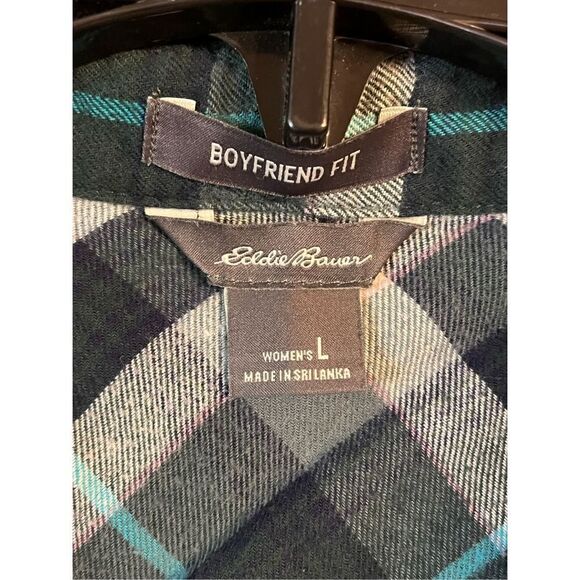 EDDIE BAUER Boyfriend Fit Flannel Shirt Button Up Green Plaid Women's Size Large - Picture 3 of 5
